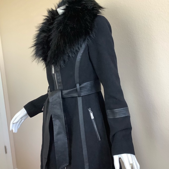 Guess Black Faux Fur Trimmed Wool Coat - Picture 3 of 16